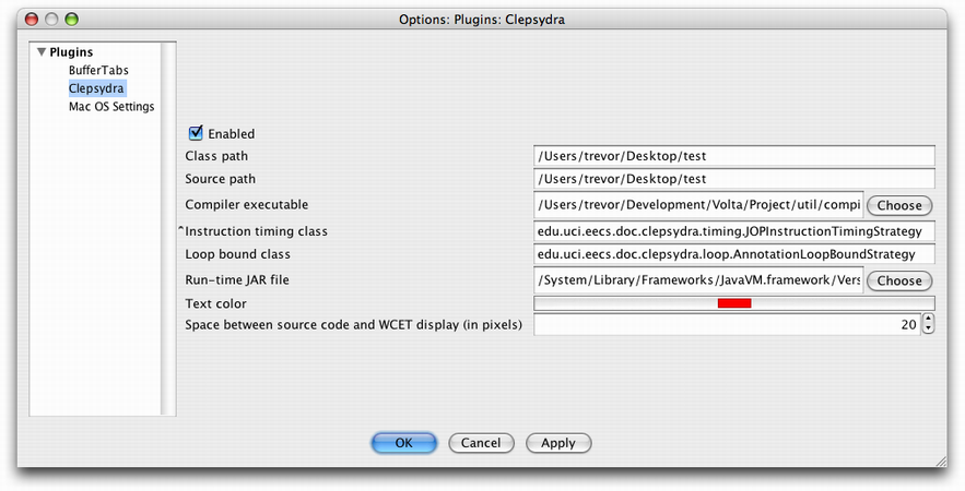 Screenshot of the jEdit plugin options dialog box